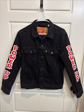 Levi's x Super Mario Black Trucker Jacket with Red and White Sleeve Graphics
